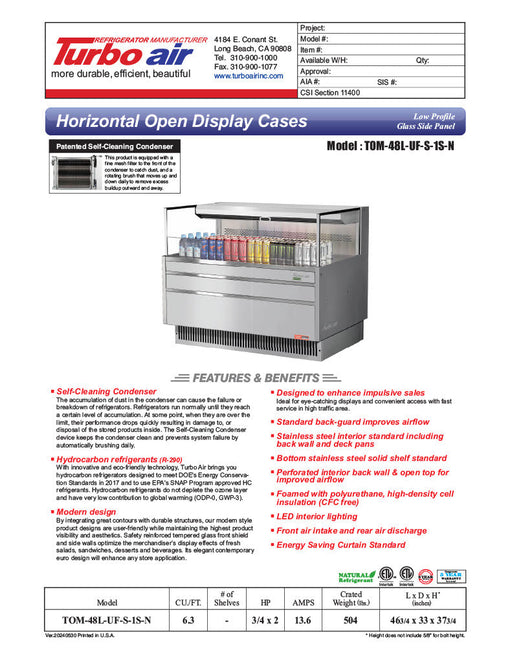 Turbo Air TOM-48L-UF-S-1S-N 46 3/4" Stainless Steel Low Profile Horizontal Open Air Cooler w/ (1) Level – Ultra Front Merchandiser, 115v - Donut-Supplies.Com