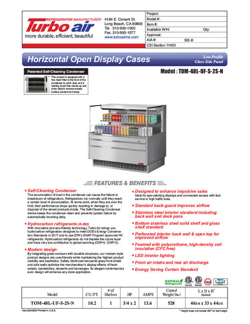 Turbo Air TOM-48L-UF-S-2S-N 46 3/4" Stainless Steel Low Profile Horizontal Open Air Cooler w/ (2) Levels – Ultra Front Merchandiser, 115v - Donut-Supplies.Com