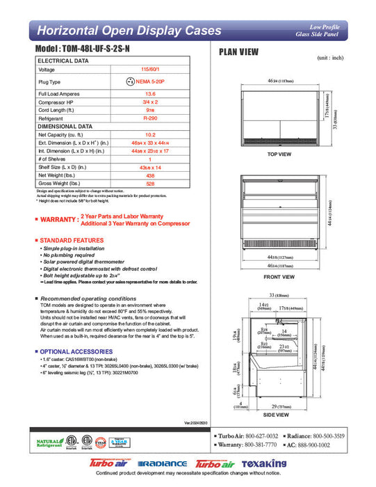 Turbo Air TOM-48L-UF-S-2S-N 46 3/4" Stainless Steel Low Profile Horizontal Open Air Cooler w/ (2) Levels – Ultra Front Merchandiser, 115v - Donut-Supplies.Com