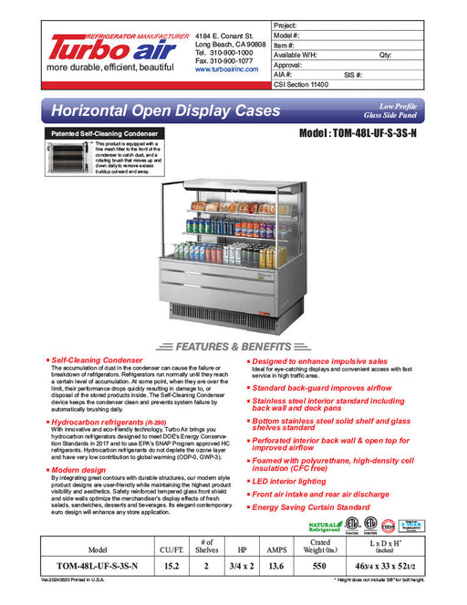 Turbo Air TOM-48L-UF-S-3S-N 46 3/4" Stainless Steel Low Profile Horizontal Open Air Cooler w/ (3) Levels – Ultra Front Merchandiser, 115v - Donut-Supplies.Com