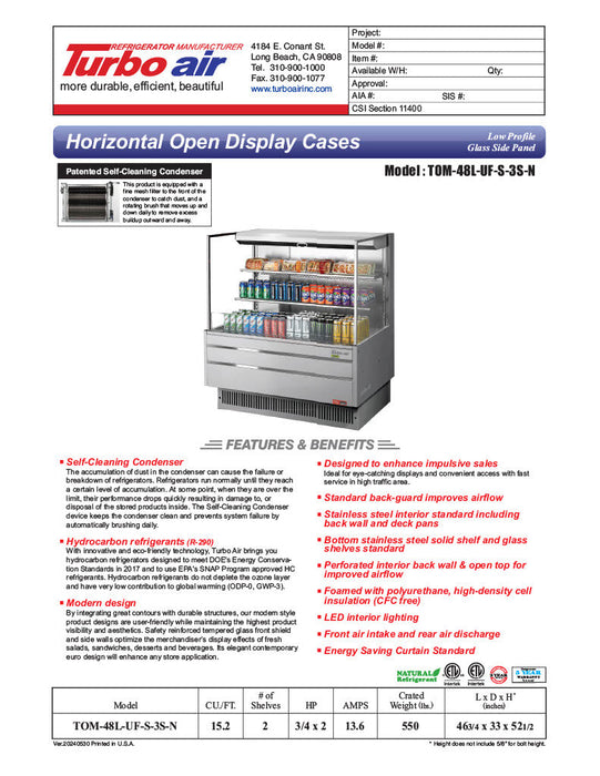Turbo Air TOM-48L-UF-S-3S-N 46 3/4" Stainless Steel Low Profile Horizontal Open Air Cooler w/ (3) Levels – Ultra Front Merchandiser, 115v - Donut-Supplies.Com