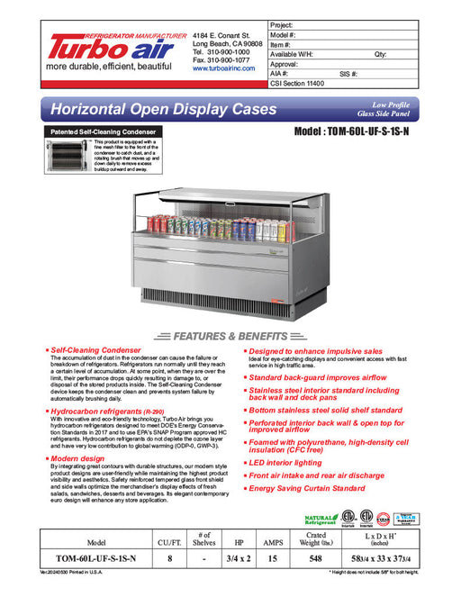 Turbo Air TOM-60L-UF-S-1S-N 58 3/4" Stainless Steel Low Profile Horizontal Open Air Cooler w/ (1) Level – Ultra Front Merchandiser, 115v - Donut-Supplies.Com