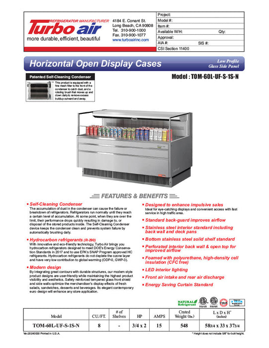 Turbo Air TOM-60L-UF-S-1S-N 58 3/4" Stainless Steel Low Profile Horizontal Open Air Cooler w/ (1) Level – Ultra Front Merchandiser, 115v - Donut-Supplies.Com