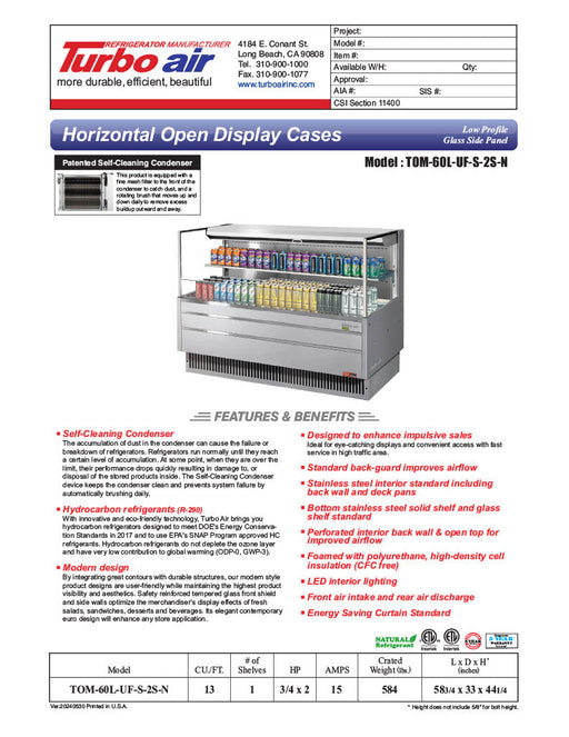 Turbo Air TOM-60L-UF-S-2S-N 58 3/4" Stainless Steel Low Profile Horizontal Open Air Cooler w/ (2) Levels – Ultra Front Merchandiser, 115v - Donut-Supplies.Com