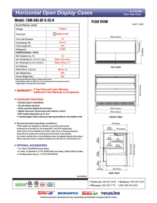Turbo Air TOM-60L-UF-S-2S-N 58 3/4" Stainless Steel Low Profile Horizontal Open Air Cooler w/ (2) Levels – Ultra Front Merchandiser, 115v - Donut-Supplies.Com