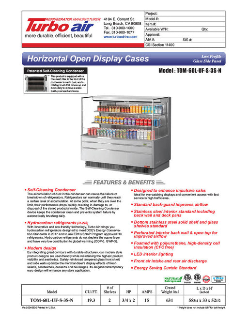 Turbo Air TOM-60L-UF-S-3S-N 58 3/4" Stainless Steel Low Profile Horizontal Open Air Cooler w/ (3) Levels – Ultra Front Merchandiser, 115v - Donut-Supplies.Com
