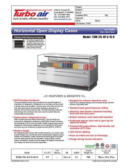 Turbo Air TOM-72L-UF-S-1S-N 70 3/4" Stainless Steel Low Profile Horizontal Open Air Cooler w/ (1) Level – Ultra Front Merchandiser, 220v/1ph - Donut-Supplies.Com
