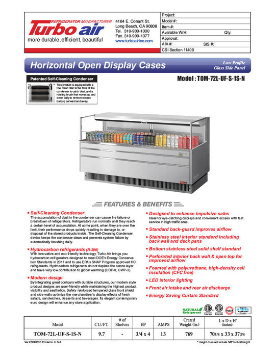 Turbo Air TOM-72L-UF-S-1S-N 70 3/4" Stainless Steel Low Profile Horizontal Open Air Cooler w/ (1) Level – Ultra Front Merchandiser, 220v/1ph - Donut-Supplies.Com