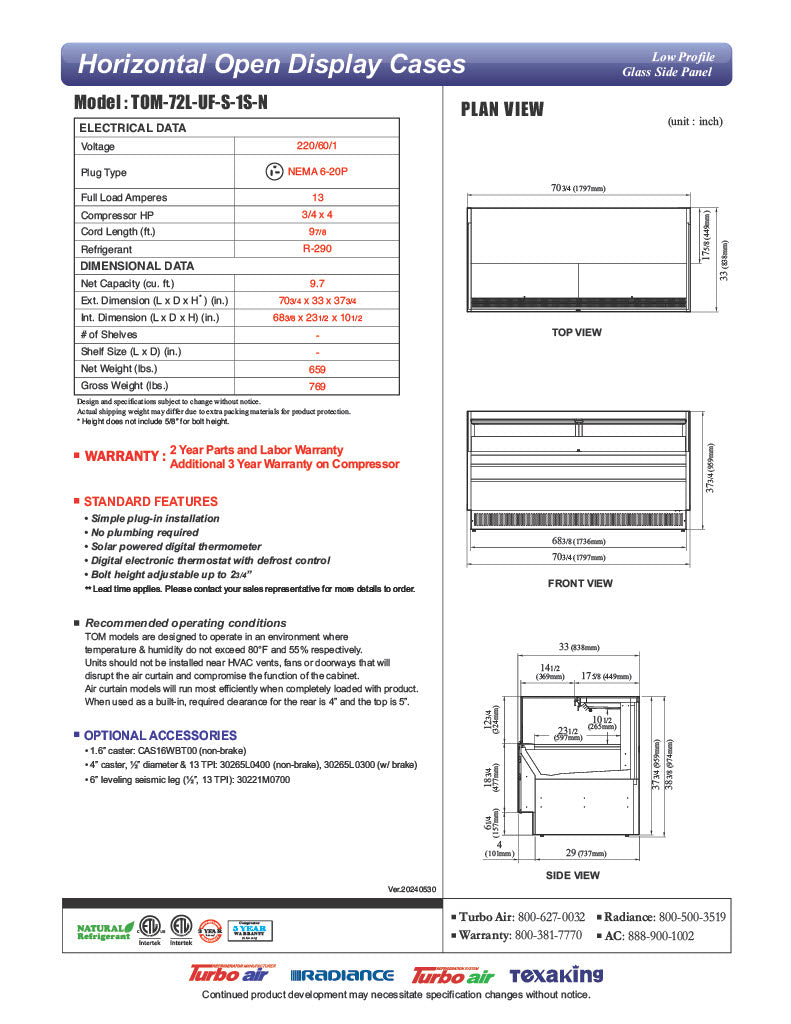Turbo Air TOM-72L-UF-S-1S-N 70 3/4" Stainless Steel Low Profile Horizontal Open Air Cooler w/ (1) Level – Ultra Front Merchandiser, 220v/1ph - Donut-Equipment.com