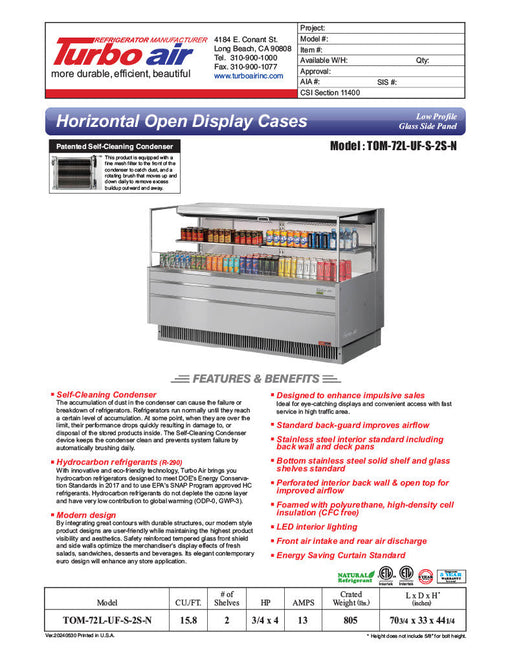 Turbo Air TOM-72L-UF-S-2S-N 70 3/4" Stainless Steel Low Profile Horizontal Open Air Cooler w/ (2) Levels – Ultra Front Merchandiser, 220v/1ph - Donut-Supplies.Com