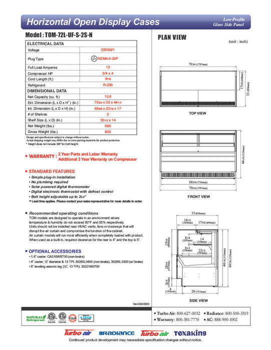 Turbo Air TOM-72L-UF-S-2S-N 70 3/4" Stainless Steel Low Profile Horizontal Open Air Cooler w/ (2) Levels – Ultra Front Merchandiser, 220v/1ph - Donut-Supplies.Com