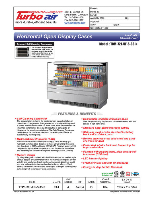 Turbo Air TOM-72L-UF-S-3S-N 70 3/4" Stainless Steel Low Profile Horizontal Open Air Cooler w/ (3) Levels – Ultra Front Merchandiser, 220v/1ph - Donut-Supplies.Com