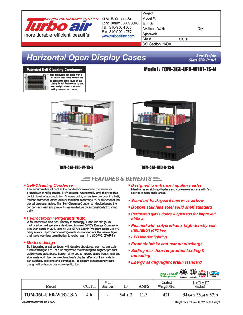 Turbo Air TOM-36L-UFD-W-1S-N 34 3/4" White Low Profile Horizontal Open Air Cooler w/ (1) Level – Ultra Front Deluxe Merchandiser, 115v - Donut-Equipment.com