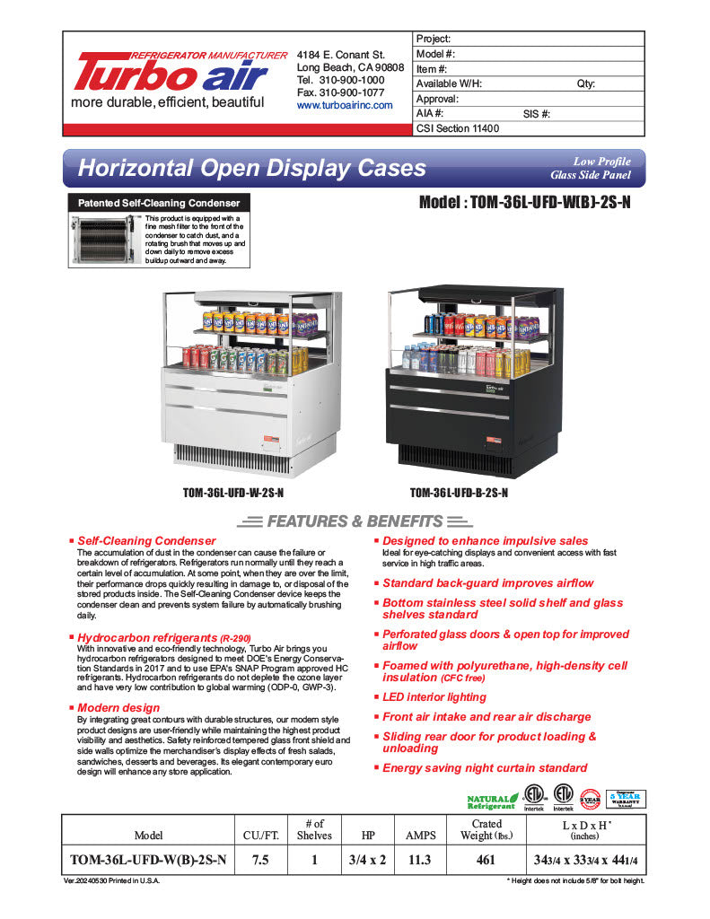 Turbo Air TOM-36L-UFD-W-2S-N 34 3/4" White Low Profile Horizontal Open Air Cooler w/ (2) Levels – Ultra Front Deluxe Merchandiser, 115v - Donut-Equipment.com