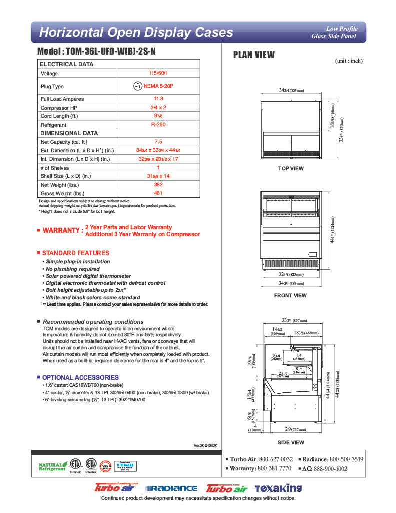 Turbo Air TOM-36L-UFD-W-2S-N 34 3/4" White Low Profile Horizontal Open Air Cooler w/ (2) Levels – Ultra Front Deluxe Merchandiser, 115v - Donut-Equipment.com
