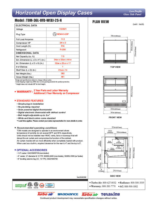 Turbo Air TOM-36L-UFD-W-2S-N 34 3/4" White Low Profile Horizontal Open Air Cooler w/ (2) Levels – Ultra Front Deluxe Merchandiser, 115v - Donut-Supplies.Com