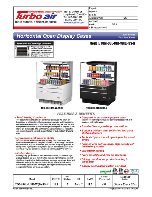Turbo Air TOM-36L-UFD-W-3S-N 34 3/4" White Low Profile Horizontal Open Air Cooler w/ (3) Levels – Ultra Front Deluxe Merchandiser, 115v - Donut-Supplies.Com