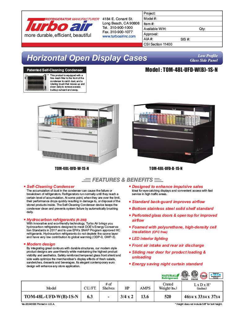 Turbo Air TOM-48L-UFD-W-1S-N 46 3/4" White Low Profile Horizontal Open Air Cooler w/ (1) Level – Ultra Front Deluxe Merchandiser, 115v - Donut-Equipment.com