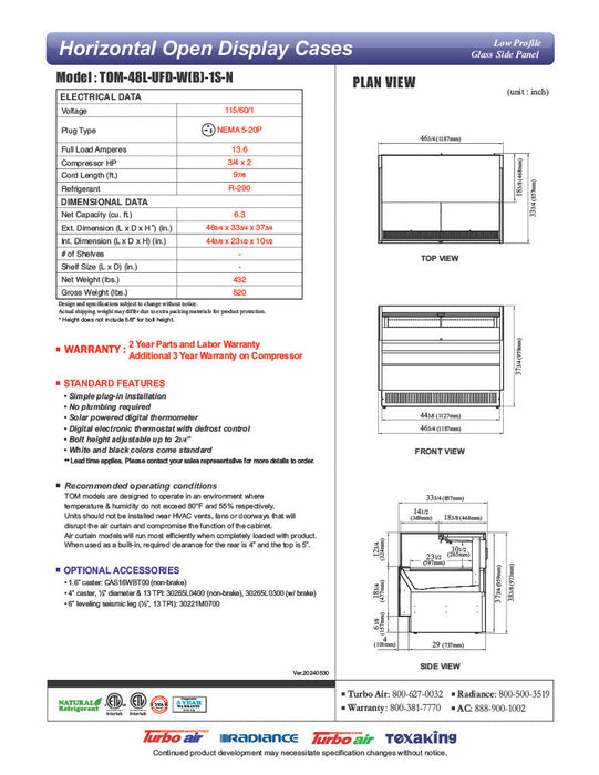 Turbo Air TOM-48L-UFD-W-1S-N 46 3/4" White Low Profile Horizontal Open Air Cooler w/ (1) Level – Ultra Front Deluxe Merchandiser, 115v - Donut-Supplies.Com