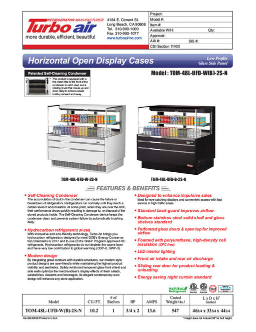 Turbo Air TOM-48L-UFD-W-2S-N 46 3/4" White Low Profile Horizontal Open Air Cooler w/ (2) Levels – Ultra Front Deluxe Merchandiser, 115v - Donut-Supplies.Com