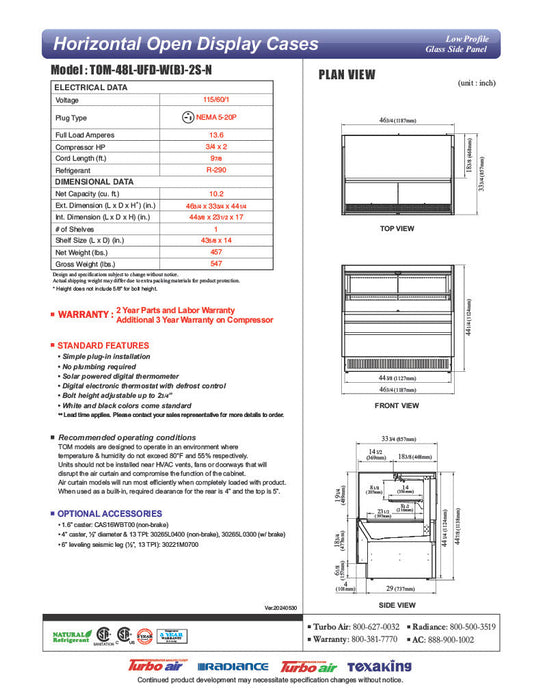 Turbo Air TOM-48L-UFD-W-2S-N 46 3/4" White Low Profile Horizontal Open Air Cooler w/ (2) Levels – Ultra Front Deluxe Merchandiser, 115v - Donut-Equipment.com