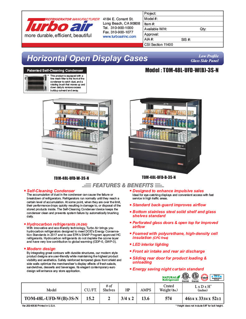 Turbo Air TOM-48L-UFD-W-3S-N 46 3/4" White Low Profile Horizontal Open Air Cooler w/ (3) Levels – Ultra Front Deluxe Merchandiser, 115v - Donut-Equipment.com