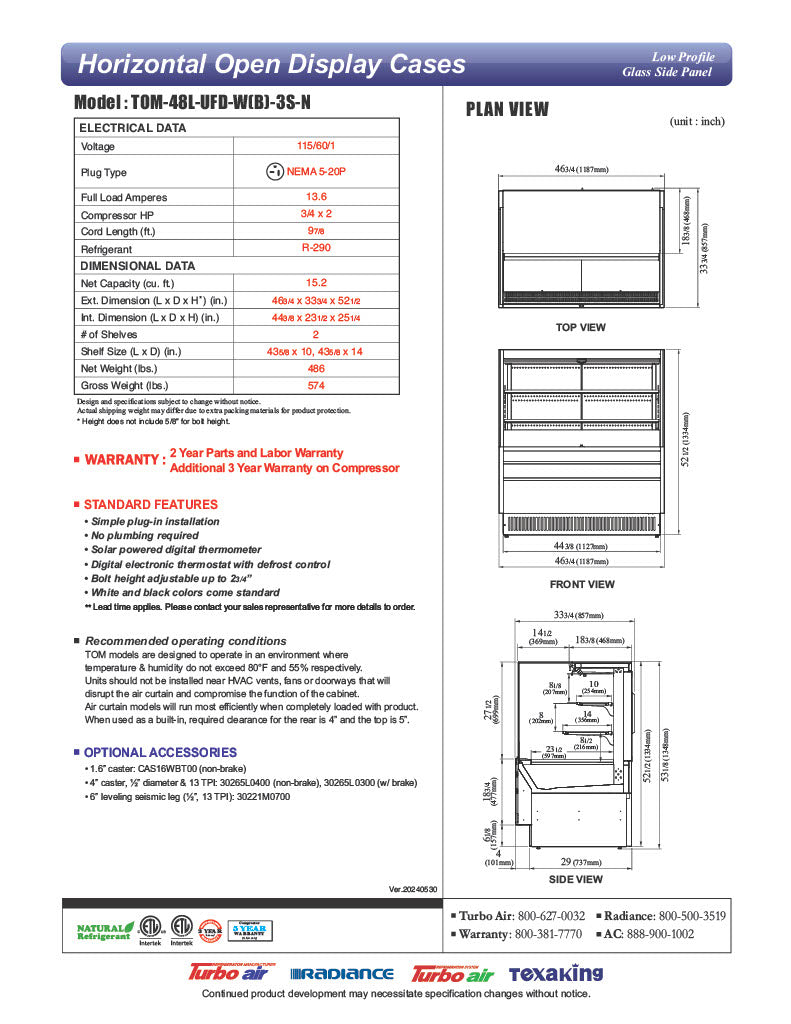 Turbo Air TOM-48L-UFD-W-3S-N 46 3/4" White Low Profile Horizontal Open Air Cooler w/ (3) Levels – Ultra Front Deluxe Merchandiser, 115v - Donut-Equipment.com