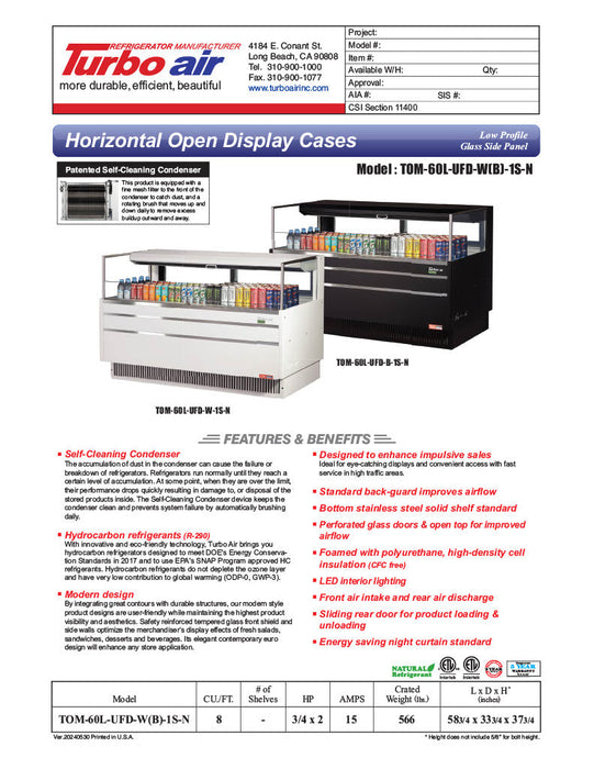 Turbo Air TOM-60L-UFD-W-1S-N 58 3/4" White Low Profile Horizontal Open Air Cooler w/ (1) Level – Ultra Front Deluxe Merchandiser, 115v - Donut-Supplies.Com