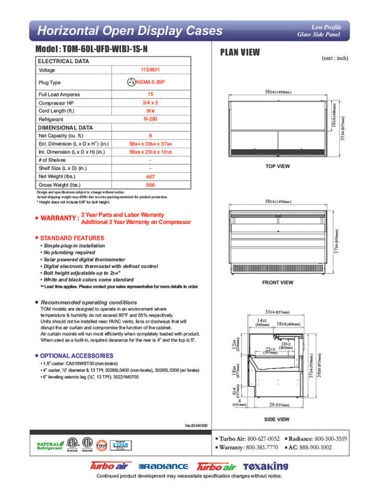Turbo Air TOM-60L-UFD-W-1S-N 58 3/4" White Low Profile Horizontal Open Air Cooler w/ (1) Level – Ultra Front Deluxe Merchandiser, 115v - Donut-Supplies.Com