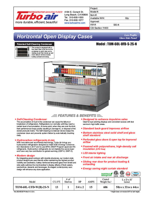 Turbo Air TOM-60L-UFD-W-2S-N 58 3/4" White Low Profile Horizontal Open Air Cooler w/ (2) Levels – Ultra Front Deluxe Merchandiser, 115v - Donut-Supplies.Com