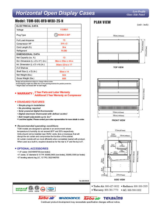 Turbo Air TOM-60L-UFD-W-2S-N 58 3/4" White Low Profile Horizontal Open Air Cooler w/ (2) Levels – Ultra Front Deluxe Merchandiser, 115v - Donut-Supplies.Com