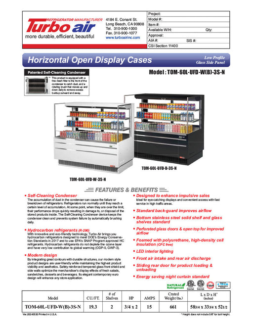 Turbo Air TOM-60L-UFD-W-3S-N 58 3/4"  White Low Profile Horizontal Open Air Cooler w/ (3) Levels – Ultra Front Deluxe Merchandiser, 115v - Donut-Supplies.Com