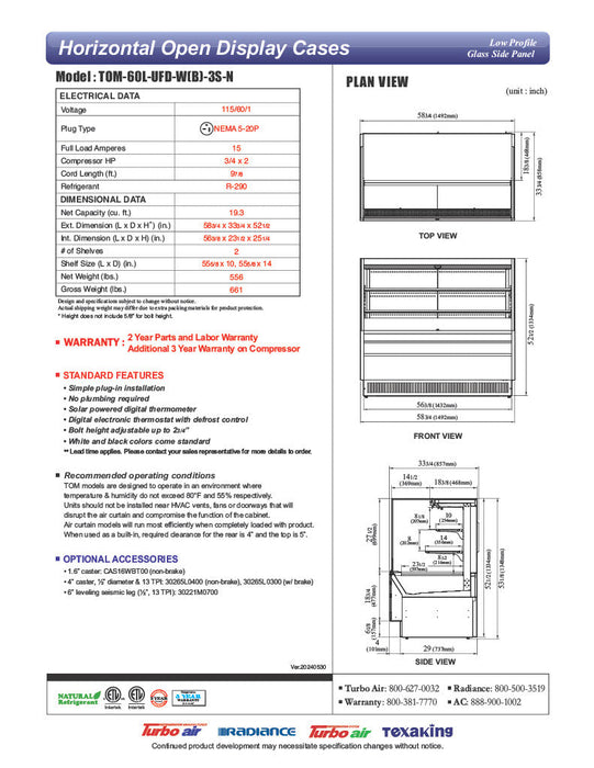 Turbo Air TOM-60L-UFD-B-3S-N 58 3/4" Black Low Profile Horizontal Open Air Cooler w/ (3) Levels – Ultra Front Deluxe Merchandiser, 115v - Donut-Supplies.Com