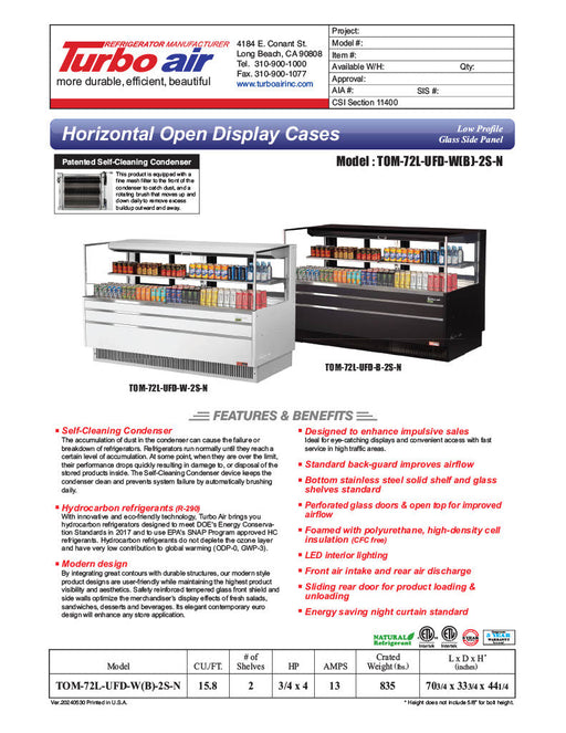 Turbo Air TOM-72L-UFD-W-2S-N 70 3/4" White Low Profile Horizontal Open Air Cooler w/ (2) Levels – Ultra Front Deluxe Merchandiser, 220v/1ph - Donut-Supplies.Com