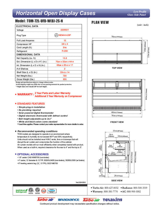 Turbo Air TOM-72L-UFD-W-2S-N 70 3/4" White Low Profile Horizontal Open Air Cooler w/ (2) Levels – Ultra Front Deluxe Merchandiser, 220v/1ph - Donut-Equipment.com