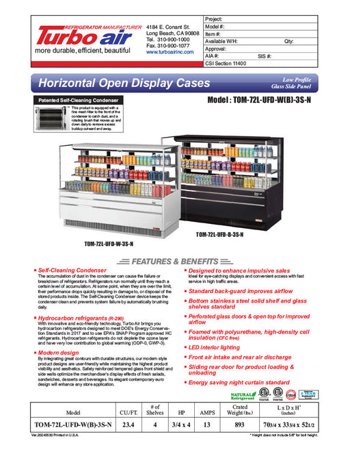 Turbo Air TOM-72L-UFD-W-3S-N 70 3/4" White Low Profile Horizontal Open Air Cooler w/ (3) Levels – Ultra Front Deluxe Merchandiser, 220v/1ph - Donut-Supplies.Com