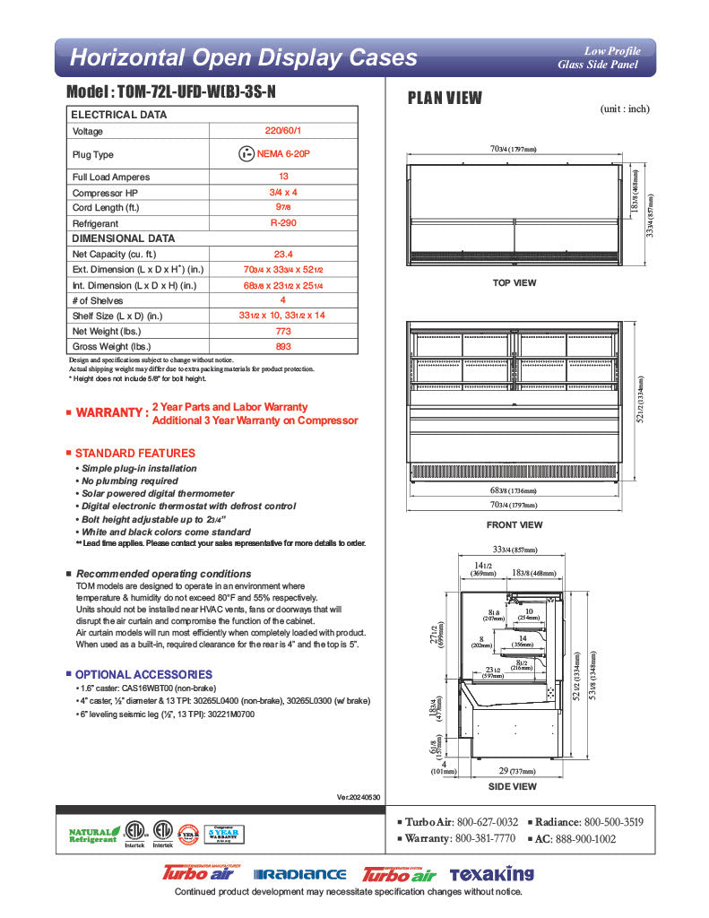 Turbo Air TOM-72L-UFD-W-3S-N 70 3/4" White Low Profile Horizontal Open Air Cooler w/ (3) Levels – Ultra Front Deluxe Merchandiser, 220v/1ph - Donut-Equipment.com