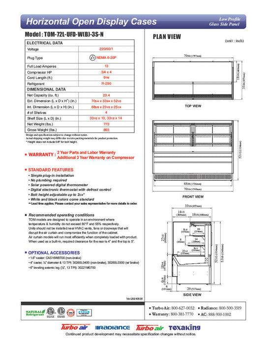 Turbo Air TOM-72L-UFD-W-3S-N 70 3/4" White Low Profile Horizontal Open Air Cooler w/ (3) Levels – Ultra Front Deluxe Merchandiser, 220v/1ph - Donut-Supplies.Com