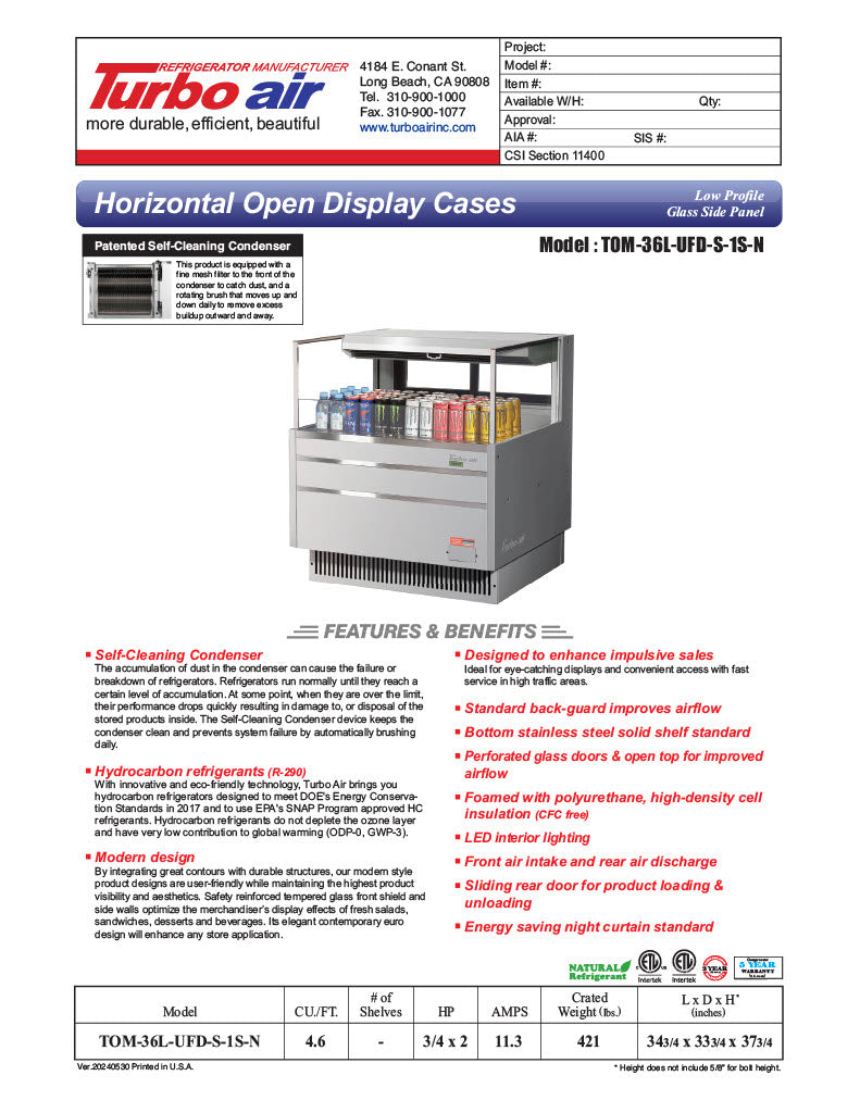 Turbo Air TOM-36L-UFD-S-1S-N 34 3/4" Stainless Steel Low Profile Horizontal Open Air Cooler w/ (1) Level – Ultra Front Deluxe Merchandiser, 115v - Donut-Equipment.com