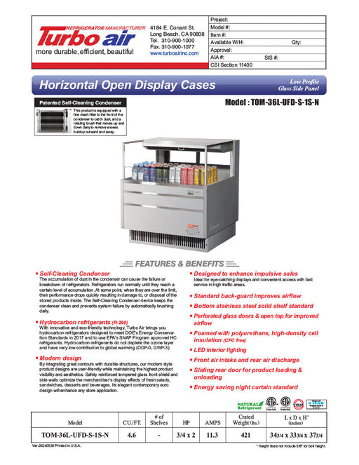 Turbo Air TOM-36L-UFD-S-1S-N 34 3/4" Stainless Steel Low Profile Horizontal Open Air Cooler w/ (1) Level – Ultra Front Deluxe Merchandiser, 115v - Donut-Supplies.Com