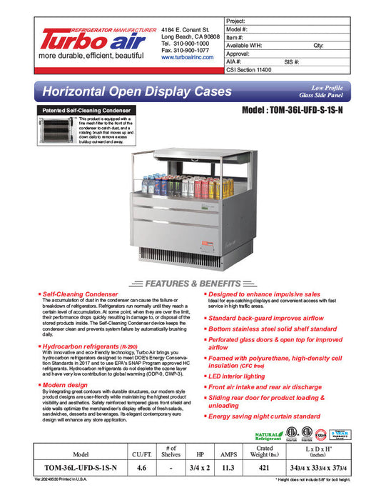 Turbo Air TOM-36L-UFD-S-1S-N 34 3/4" Stainless Steel Low Profile Horizontal Open Air Cooler w/ (1) Level – Ultra Front Deluxe Merchandiser, 115v - Donut-Supplies.Com