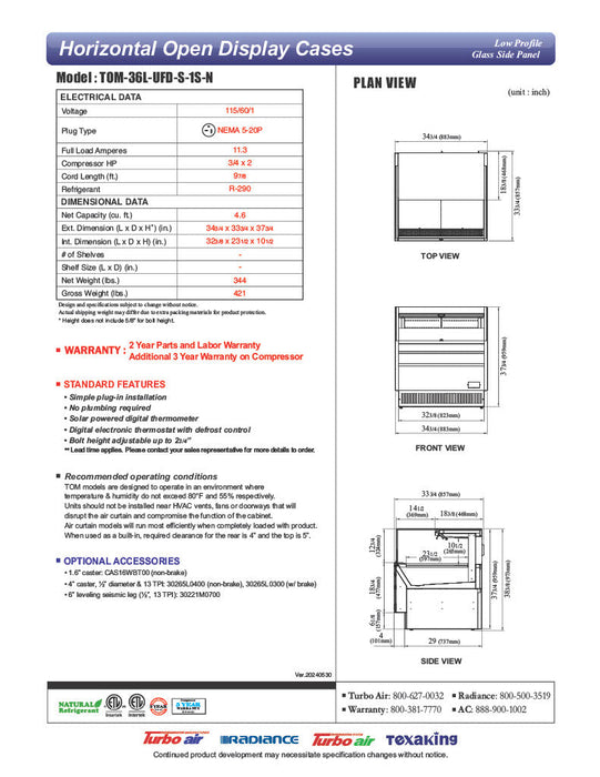 Turbo Air TOM-36L-UFD-S-1S-N 34 3/4" Stainless Steel Low Profile Horizontal Open Air Cooler w/ (1) Level – Ultra Front Deluxe Merchandiser, 115v - Donut-Supplies.Com