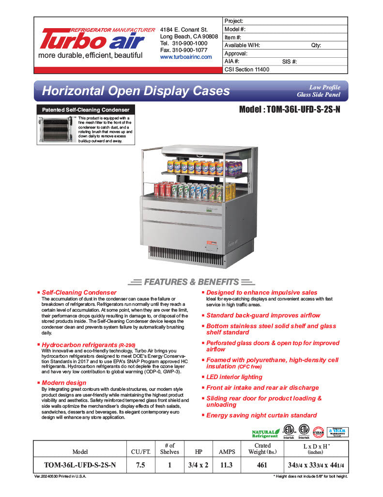 Turbo Air TOM-36L-UFD-S-2S-N 34 3/4" Stainless Steel Low Profile Horizontal Open Air Cooler w/ (2) Levels – Ultra Front Deluxe Merchandiser, 115v - Donut-Equipment.com