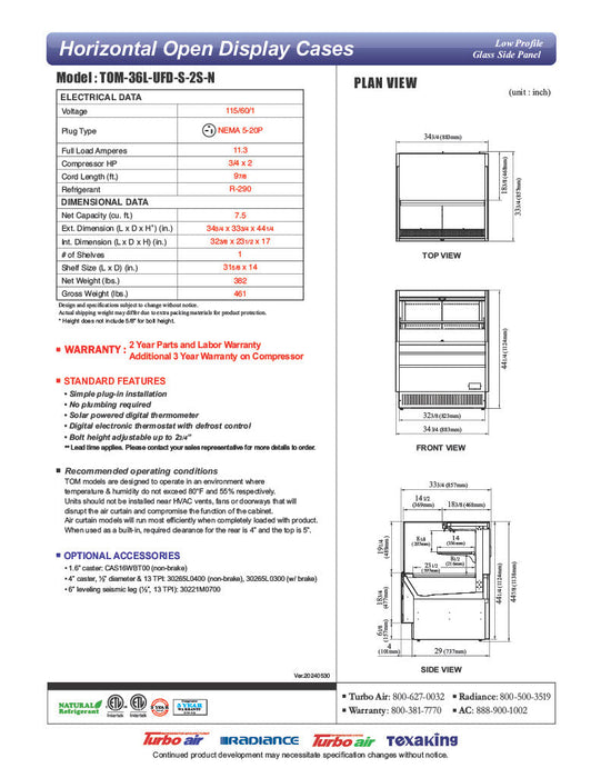 Turbo Air TOM-36L-UFD-S-2S-N 34 3/4" Stainless Steel Low Profile Horizontal Open Air Cooler w/ (2) Levels – Ultra Front Deluxe Merchandiser, 115v - Donut-Supplies.Com