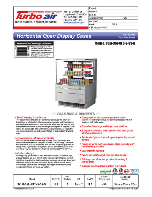 Turbo Air TOM-36L-UFD-S-3S-N 34 3/4" Stainless Steel Low Profile Horizontal Open Air Cooler w/ (3) Levels – Ultra Front Deluxe Merchandiser, 115v - Donut-Supplies.Com