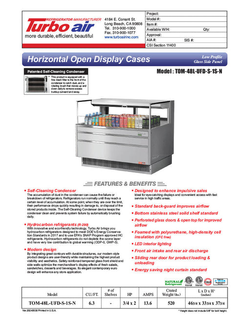Turbo Air TOM-48L-UFD-S-1S-N 46 3/4" Stainless Steel Low Profile Horizontal Open Air Cooler w/ (1) Level – Ultra Front Deluxe Merchandiser, 115v - Donut-Supplies.Com