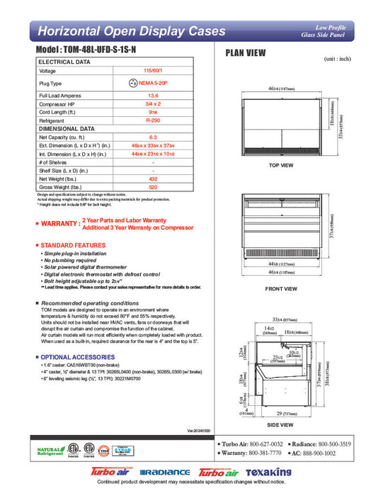 Turbo Air TOM-48L-UFD-S-1S-N 46 3/4" Stainless Steel Low Profile Horizontal Open Air Cooler w/ (1) Level – Ultra Front Deluxe Merchandiser, 115v - Donut-Supplies.Com