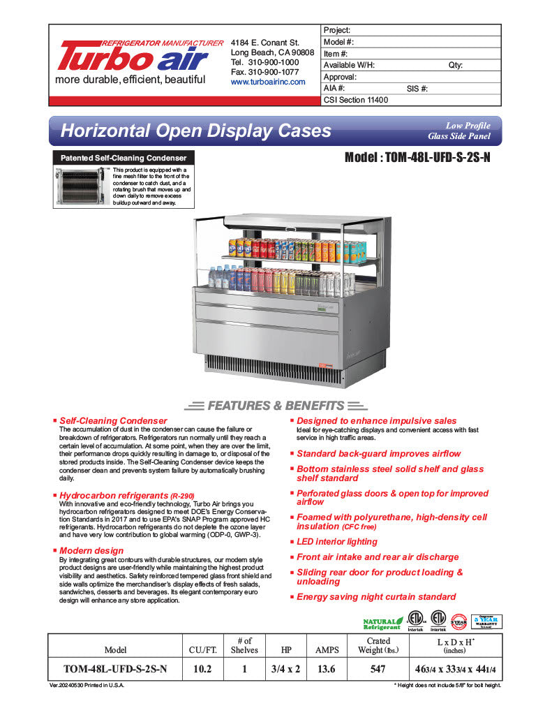 Turbo Air TOM-48L-UFD-S-2S-N 46 3/4" Stainless Steel Low Profile Horizontal Open Air Cooler w/ (2) Levels – Ultra Front Deluxe Merchandiser, 115v - Donut-Equipment.com