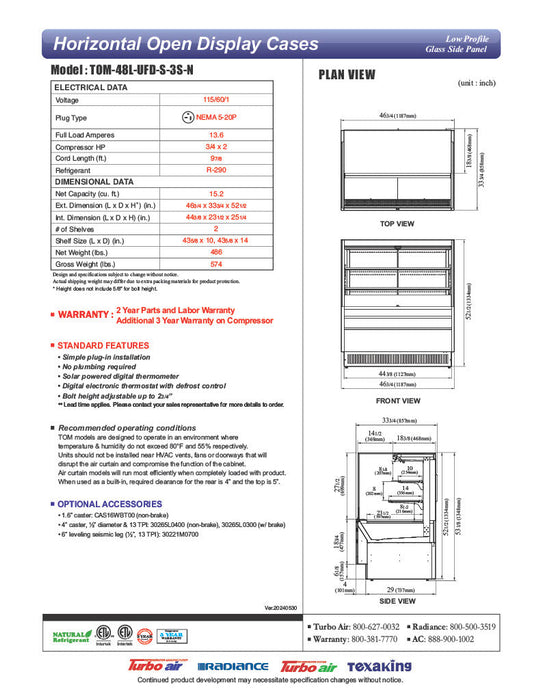 Turbo Air TOM-48L-UFD-S-3S-N 46 3/4" Stainless Steel Low Profile Horizontal Open Air Cooler w/ (3) Levels – Ultra Front Deluxe Merchandiser, 115v - Donut-Supplies.Com