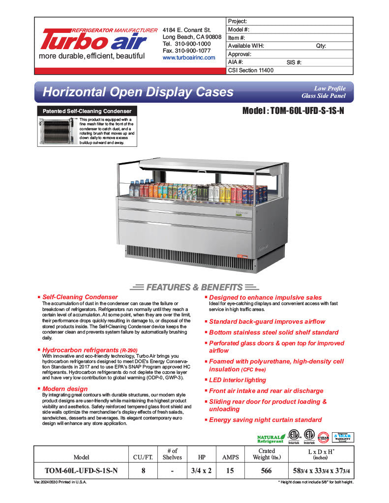 Turbo Air TOM-60L-UFD-S-1S-N 58 3/4" Stainless Steel Low Profile Horizontal Open Air Cooler w/ (1) Level – Ultra Front Deluxe Merchandiser, 115v - Donut-Equipment.com